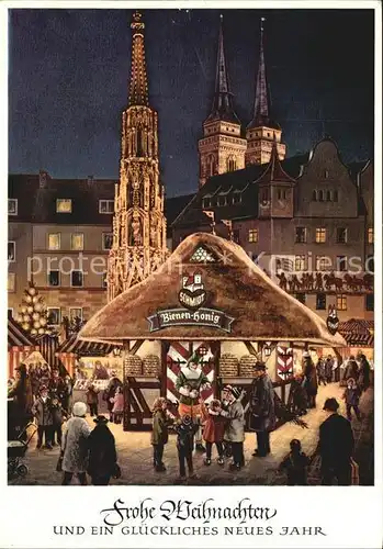 Nuernberg Christkindles Markt Tuerme St Sebalduskirche Schoener Brunnen Lebkuchenhaus Weihnachtskarte Neujahrskarte Kat. Nuernberg