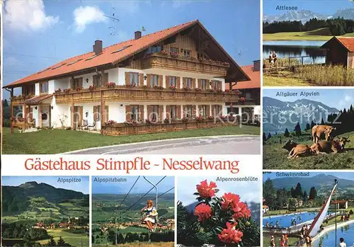 Nesselwang Gaestehaus Stimpfle Attlesee Allgaeuer Alpvieh Schwimmbad Alpenrosenbluete Alpspitzbahn Allgaeuer Alpen Kat. Nesselwang