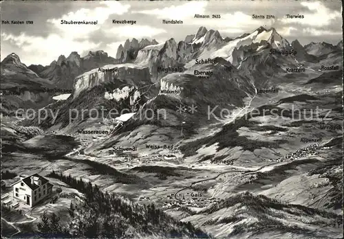 Appenzell IR und Alpstein Berghotel Saentis Panoramakarte Kat. Appenzell