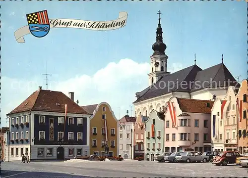 Schaerding Stadtplatz mit Stadtbrunnen und Stadtpfarrkirche Kat. Schaerding