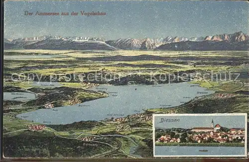 Ammersee und Umgebung aus der Vogelschau Alpenpanorama Diessen Muenster  Kat. Utting a.Ammersee