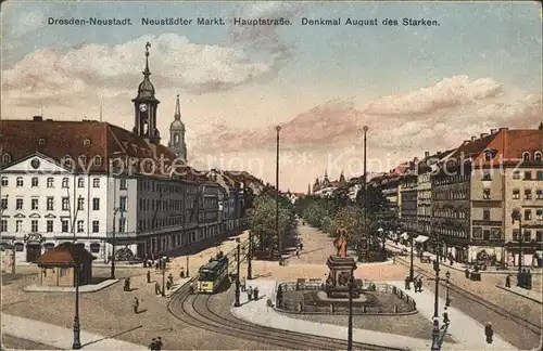 Neustadt Dresden Markt Hauptstrasse Denkmal August der Starke Strassenbahn Kat. Dresden