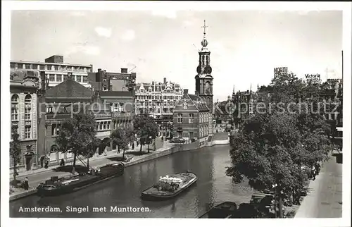 Amsterdam Niederlande Singel met Munttoren Kanal Frachtkahn Kat. Amsterdam