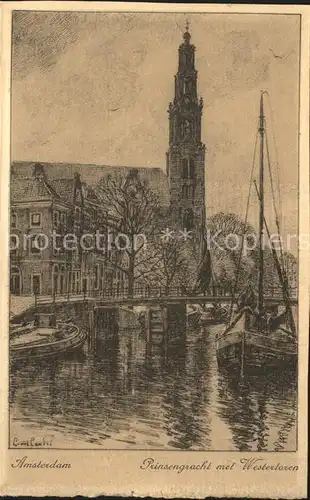 Amsterdam Niederlande Prinsengracht met Westertoren Zeichnung Kuenstlerkarte Kat. Amsterdam