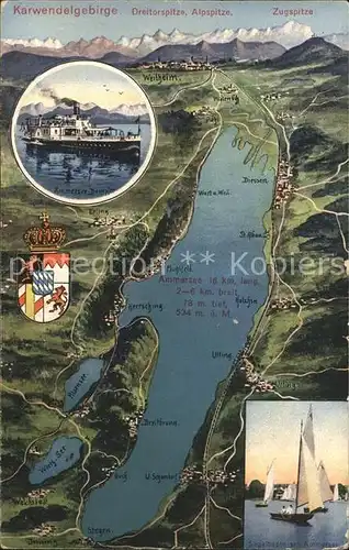 Ammersee und Umgebung Karwendelgebirge Dampfer Wappen Krone Segelboot Kat. Utting a.Ammersee