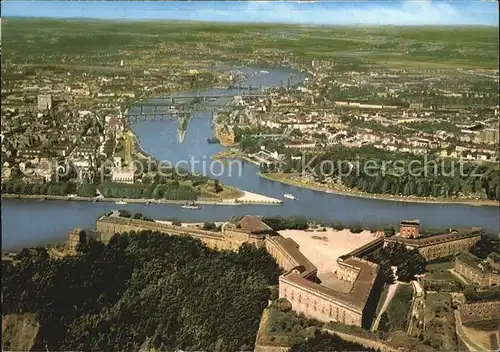 Koblenz Rhein mit Mosel Festung Ehrenbreitstein und Deutsches Eck Kat. Koblenz