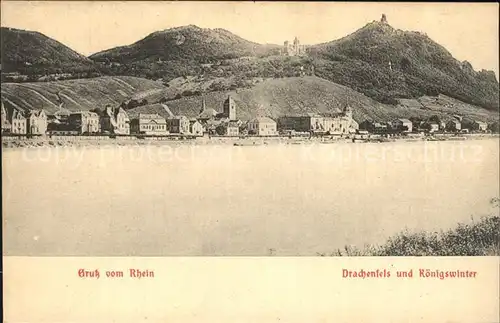 Koenigswinter Uferpartie am Rhein mit Blick zur Burgruine Drachenfels / Koenigswinter /Rhein-Sieg-Kreis LKR