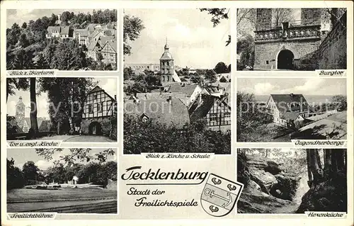 Tecklenburg Wierturm Tor und ev Kirche Freilichtbuehne Schule Burgtor Jugendherberge Hexenkueche Kat. Tecklenburg