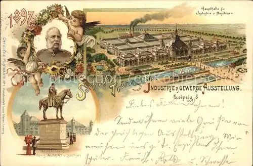 Ausstellung Industrie Gewerbe Leipzig 1897 Reiterstandbild Koenig Albert von Sachsen Engel  Kat. Leipzig