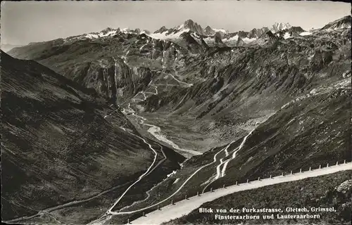 Gletsch Blick von der Furkastrasse Grimsel Finsteraarhorn Lauteraarhorn Berner Alpen Alpenpanorama Kat. Rhone