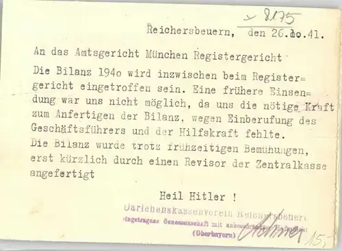 Reichersbeuern Reichersbeuern Darlehenskassenverein x 1941 / Reichersbeuern /Bad Toelz-Wolfratshausen LKR