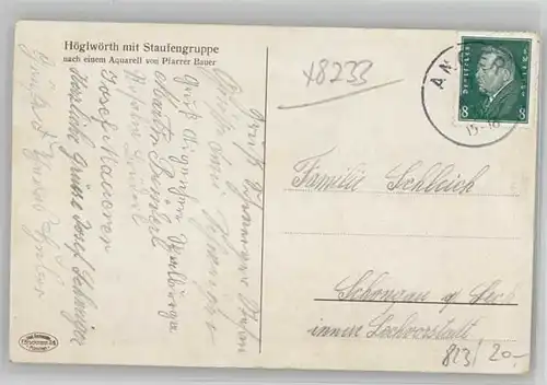 Hoeglwoerth Kuenstlerkarte x 1931 / Anger /Berchtesgadener Land LKR