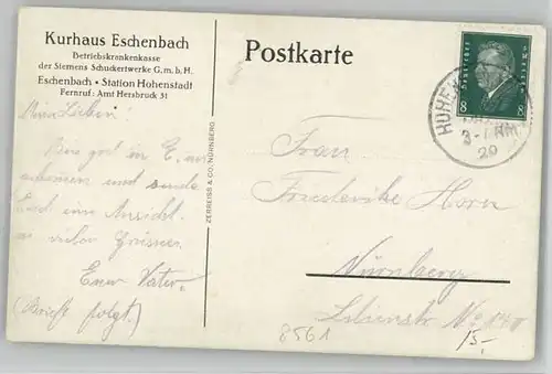 Eschenbach Mittelfranken Kurhaus Eschenbach x 1929 / Pommelsbrunn /Nuernberger Land LKR
