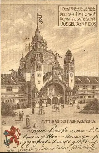 Ausstellung Industrie Gewerbe Kunst Duesseldorf 1902  Mittelbau des Hauptgebaeudes Wappen Kat. Duesseldorf
