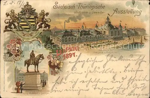 Ausstellung Industrie Gewerbe Leipzig 1897 Reiterstandbild Koenig Albert von Sachsen Haupthalle  Kat. Leipzig