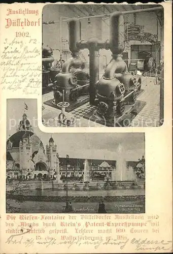 Ausstellung Industrie Gewerbe Kunst Duesseldorf 1902  Riesen Fontaine Kleins Patent Expresspumpe Kat. Duesseldorf