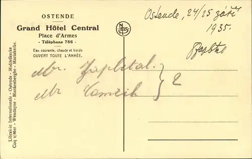 aw01475 Ostende Flandre Hotel Central Kategorie.  Alte Ansichtskarten