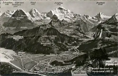 Interlaken BE uebersichtskarte Berner Oberland mit Harderkulm Thunersee Brienzer See Kat. Interlaken