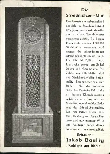 Koblenz Rhein Die Streichhoelzer Uhr mit techn Daten / Koblenz /Koblenz Stadtkreis