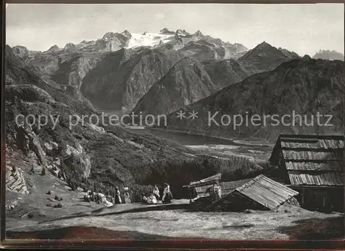 Dachstein Gebirge mit Hallstaettersee von der Huetteneckalpe oelgemaelde Kat. Oesterreich