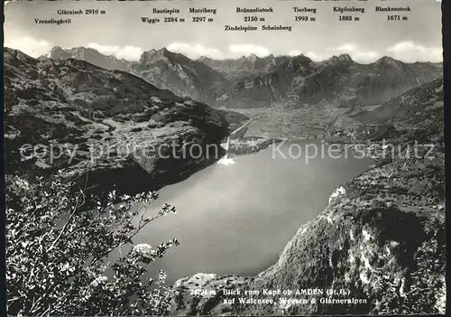 Amden SG Panorama Blick vom Kapf auf Walensee Weesen Glarner Alpen Kat. Amden