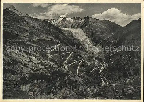 Gletsch Furka mit Rhonegletscher und Grimselstrasse Alpenpass Kat. Rhone