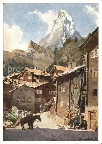 Zermatt VS Dorfstrasse mit Matterhorn Kuenstlerserie Zermatt Aquarelle von Handel Mazetti Kat. Zermatt
