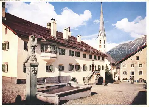 Zuoz GR Dorfplatz Brunnen Kirche Kat. Zuoz