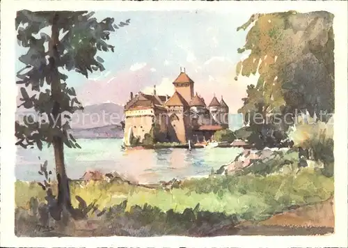 Chillon Chateau au Lac Leman Kuenstlerkarte Kat. Montreux