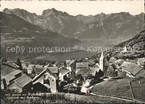 Amden SG Ortsansicht mit Kirche Walensee Glaernisch Rautispitz Alpenpanorama Kat. Amden