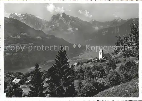 Amden SG Kirche Panorama mit Glaernisch Walensee Kat. Amden