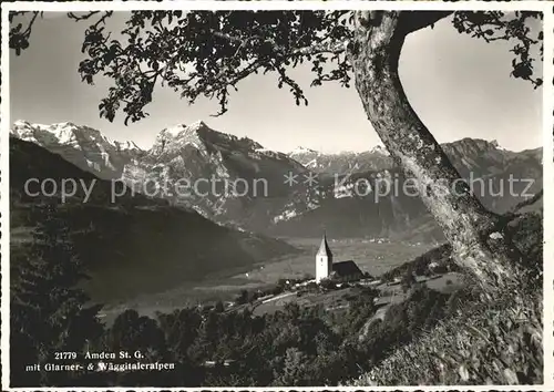 Amden SG Panorama mit Glarner und Waeggitaler Alpen Kirche Kat. Amden