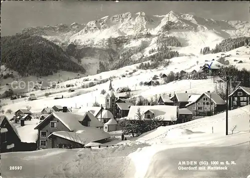 Amden SG Oberdorf mit Kirche Blick zum Mattstock Alpstein Winterpanorama Kat. Amden