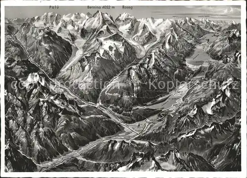 St Moritz GR Umgebungskarte Oberengadin Berninagruppe aus der Vogelschau Kat. St Moritz