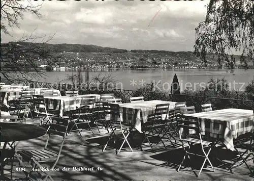 Zuerichsee ZH Fliegeraufnahme Gasthaus Halbinsel Au Gartenterrasse / Zuerich /Bz. Zuerich City