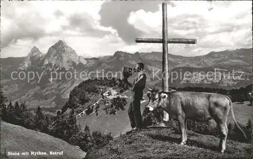 Stoos SZ mit Mythen Bergkreuz Kuh Bauer Kat. Stoos