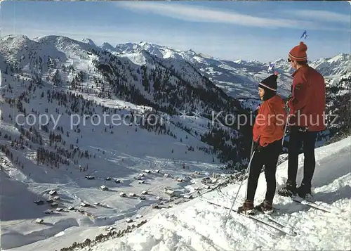 Malbun Blick vom Sareiserjoch Alpenpanorama Skifahrer Kat. Liechtenstein