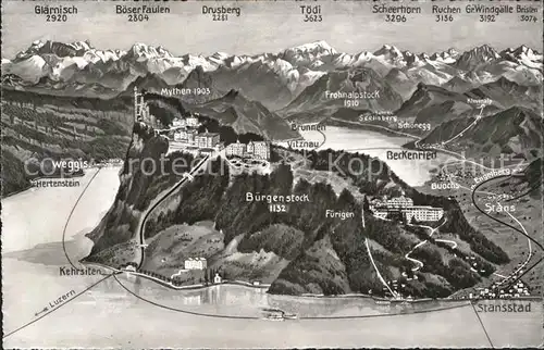 Vierwaldstaettersee SZ Panoramakarte mit Bergen drumherum Kat. Brunnen