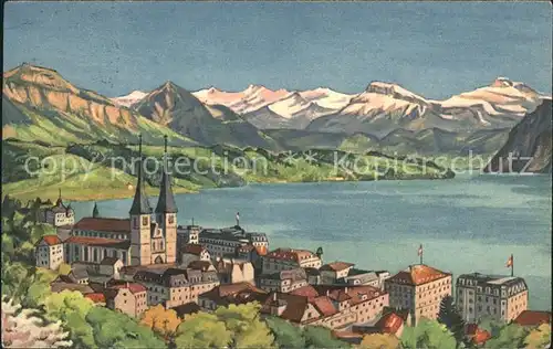 Luzern LU Vierwaldstaettersee und Alpen Kuenstlerkarte / Luzern /Bz. Luzern City