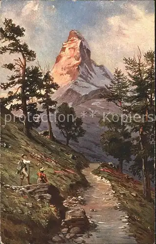 Zermatt VS Wanderweg mit Matterhorn Kuenstlerkarte  Kat. Zermatt