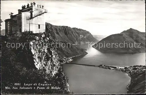 Lago di Lugano Monte San Salvatore e Ponte di Melide Kat. Italien