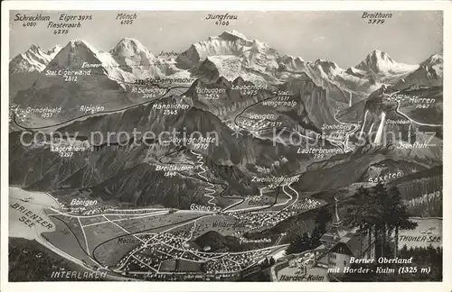 Interlaken BE Berner Oberland mit Harder Kulm Relief Panoramakarte Kat. Interlaken