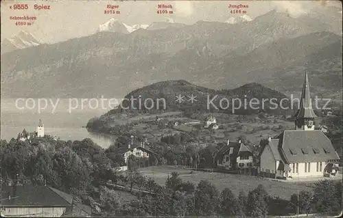 Spiez BE Kirche mit Eiger Moench Jungfrau Kat. Spiez