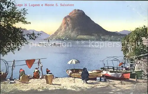 Lago di Lugano Strand Waschfrauen Boote Monte S. Salvatore Kat. Italien