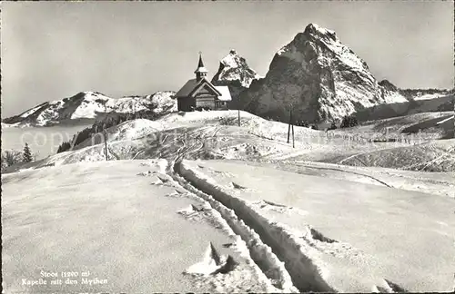 Stoos SZ Kapelle mit MYthen tief verschneit Kat. Stoos