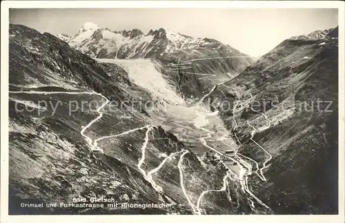 Gletsch mit Grimsel Furkastrasse und Rhonegletscher Kat. Rhone