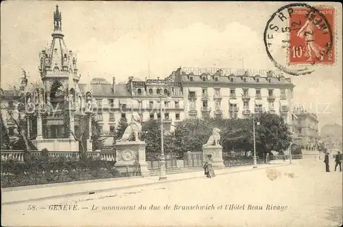 Geneve GE Monument du Duc de Brunschwich Hotel Beau Rivage Stempel auf AK Kat. Geneve