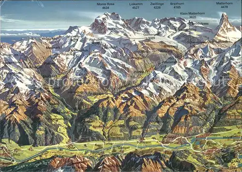 Rhonetal Panoramakarte mit Simplon Saastal Mattertal Turtmanntal Val d Anniviers  /  /Rg. Rhone