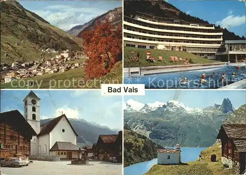 Bad Vals GR Totalansicht mit Zervreilahorn Kirche Schwimmbad Dorfpartie Kat. Vals
