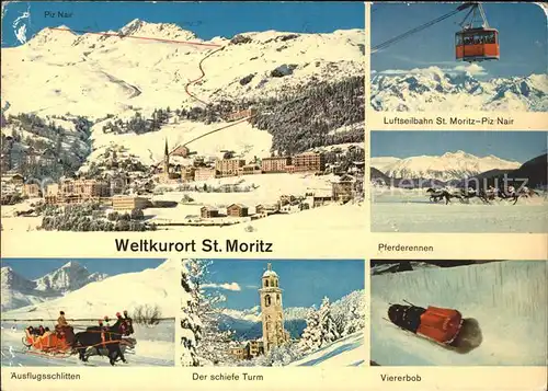 St Moritz GR Gesamtansicht Luftseilbahn Pferdeschlitten Schiefer Turm Viererbob Kat. St Moritz